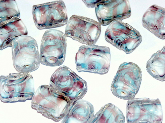 White Pink and Blue Swirly Tube Bead 14x10mm